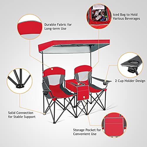 S AFSTAR Double Camping Chair w/Shade Canopy, 2-Person Folding Camp and Beach Chair with Mini Table Beverage Cup Holder Ca...
