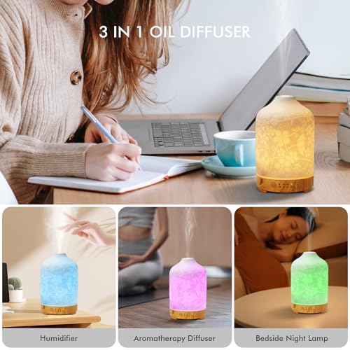 Essential Oil Diffuser Ceramic Diffuser -Aromatherapy Diffuser for Essential Oils with Timer and 7 Colors LED Light Ultras...