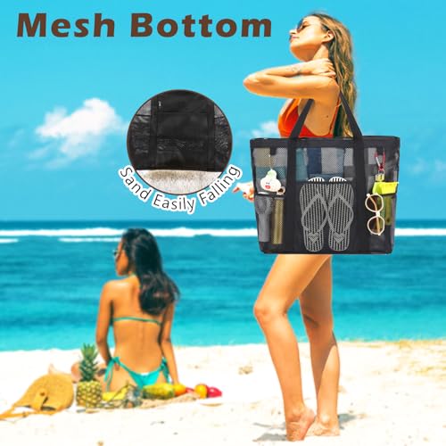Fammart Mesh Beach Bag with Zipper for Women, Large Beach Tote Sandproof Toys Pool Swim Bag Travel Vacation Cruise Essentials