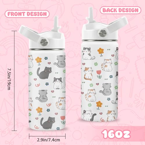 Cat Gifts for Kids, 16oz Cat Water Bottle with Straw Lid, Stainless Steel Insulated Tumbler for Girls, Cats Lovers Present...