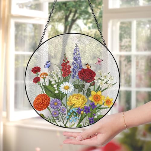 Custom Family Birth Flower Bouquet Suncatcher, Birth Month Flowers Stained Glass Style Window Hanging, Personalized Floral...