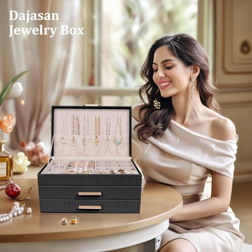 Dajasan Jewelry Box Organizer, 3-Tier Jewelry Storage with 2 Drawers, Large Jewelry Boxes for Women, PU Leather Surface wi...