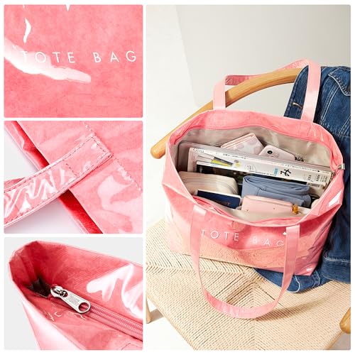 KALIDI PVC Zipper Tote Bag, Jelly Kraft Paper Beach Bag Large Hobo Carry All Travel Shopping Handbag Plastic Shoulder Bag