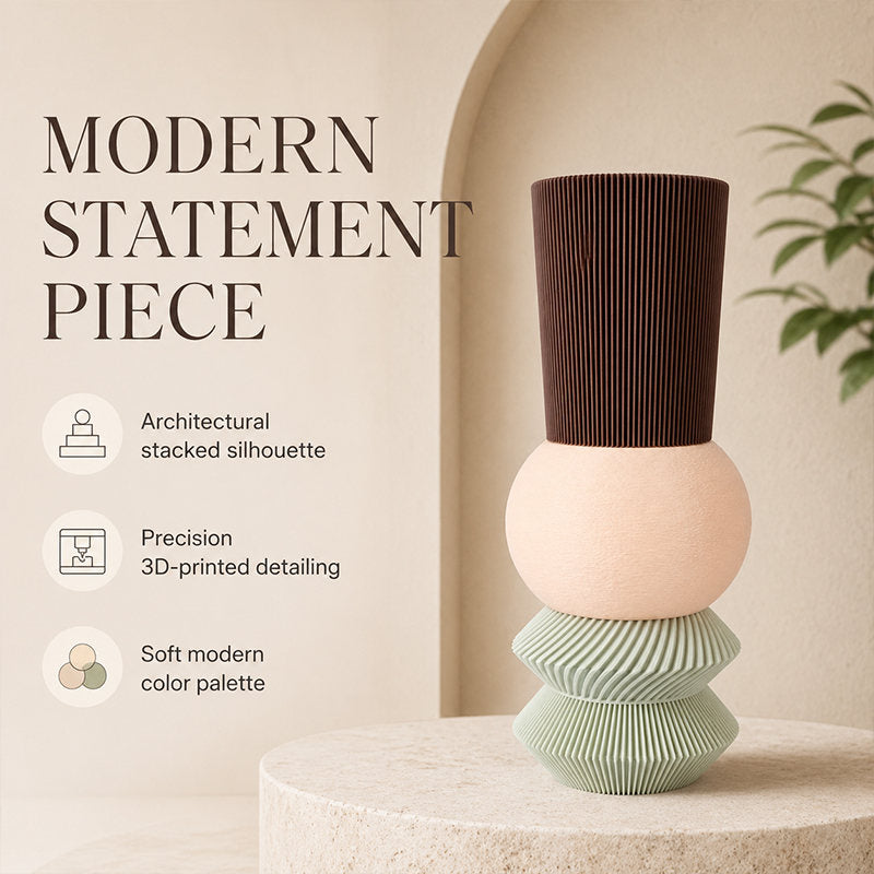 3D Printed Stacked Sculptural Vase, Modern Textured Table Ornament, Decor Vase For Dried Flowers, Nordic Home Decor Accessory