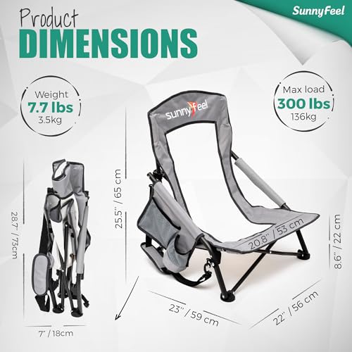 SUNNYFEEL Folding Low Camping Beach Chair 2 Pack, Lightweight Portable Lawn Chair with Mesh Back, Cup Holder for Outdoor/T...