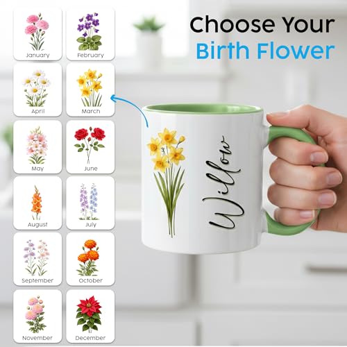 Personalized Birth Flower Name Coffee Mug, Custom Ceramic Cup 11oz 15oz, Floral Gift for Women Mom Grandma Sister Friend, ...