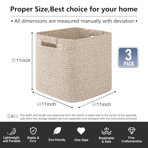 OIAHOMY Storage Cubes 11 Inch Storage Bins-3-Pack, Cotton Rope Woven Baskets for Organizing, Square Storage Baskets for Sh...