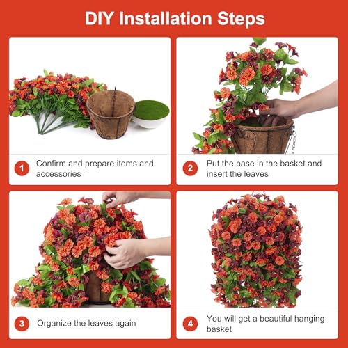 INXUGAO Artificial Flowers with Hanging Basket, Outdoor Faux Plants Silk Morning Glory Vines, Fake Green Arrangement for G...