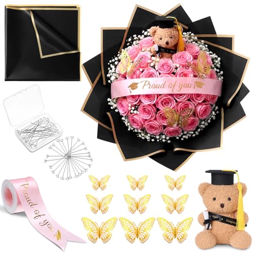 Gilprop 25 Pcs Graduation Flower Bouquet Accessories 2026 with 1 Bear 10 Floral Wrapping Paper 1 Ribbon 12 Butterfly Decor...