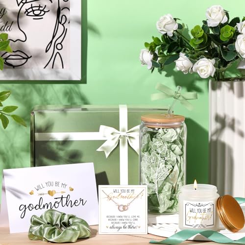 Singhoow 6 Pcs Godmother Proposal Gift Set, Will You Be My Godmother Gift Box, 16oz Glass Cup, Necklace & Scented Candle f...