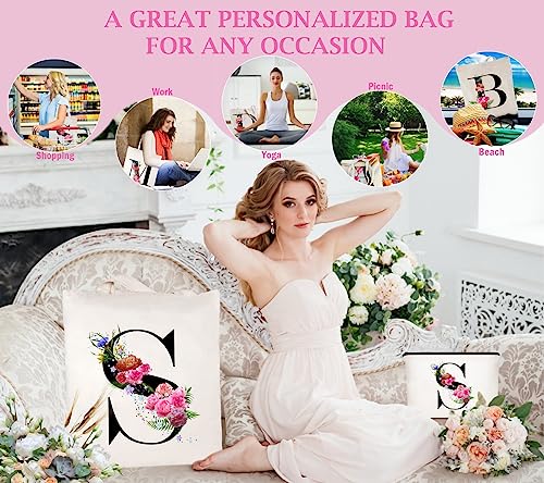 Andeiltech Initial Canvas Tote Bag Floral Letter Personalized Makeup Bag Monogrammed Gift for Bridesmaids Birthday Wedding