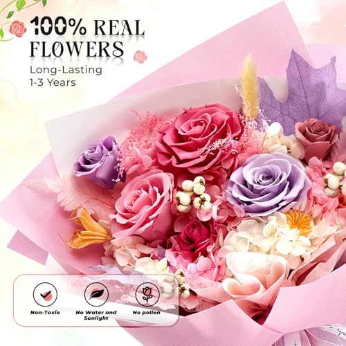 Preserved Flowers Roses Bouquet with Vases Real Pink Flowers for Delivery Prime, Forever Glitter Rose Bouquets Kit,Handmad...