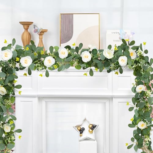 ASTRYAS 2 Pack 6.23Ft Artificial Eucalyptus Garland with Flowers, Fake Rose Garland Greenery Garlands Floral Vines for Wed...