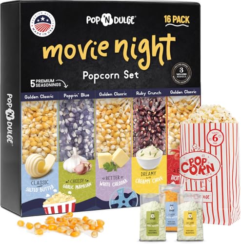 Pop n' Dulge Popcorn Movie Night Supplies 16 pcs Gift Set, 5 Gourmet Popcorn Kernels, 5 Seasoning Variety Packs Non-GMO Ko...