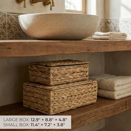 Decorative Storage Boxes with Lids - Set of 2 Beautiful Wicker Organizer Bins for Your Shelves & Home Decor - Safely Store...