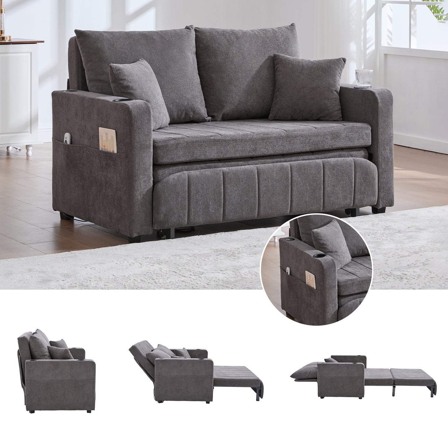 Multifunctional Fabric Sofa, Pull-out Folding Sofa, Usable As A Sofa Or Bed, With Storage Pockets On The Armrests, USB Charging Function And Cup Holders  Grey Chenille Fabric