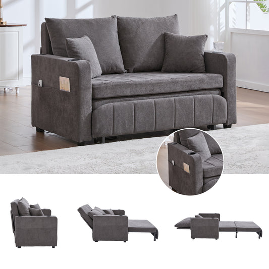 Multifunctional Fabric Sofa, Pull-out Folding Sofa, Usable As A Sofa Or Bed, With Storage Pockets On The Armrests, USB Charging Function And Cup Holders  Grey Chenille Fabric