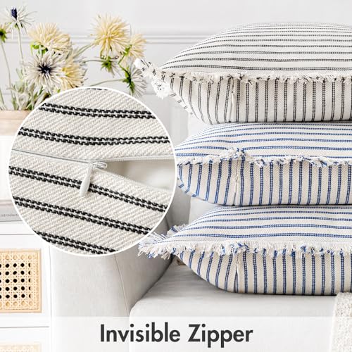 MIULEE Pack of 2 Black Pillow Covers 20x20 Inch Striped Farmhouse Couch Throw Pillow Covers with Fringe Chic Linen Decorat...