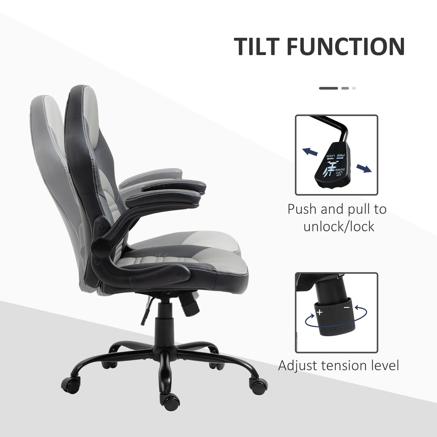 PU Leather Gaming Chair with Flip-up Armrests, Racing Style Computer Chair, Height Adjustable Home Office Chair with Swivel Wheels and Tilt Function, Gray