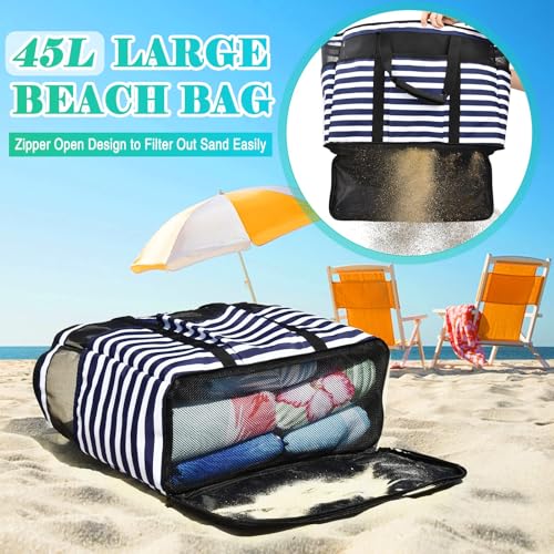 TEUEN Large Beach Bag with Zipper, 12 Pockets Waterproof Sandproof Pool Bag Womens Mesh Beach Tote Bag for Travel Vacation
