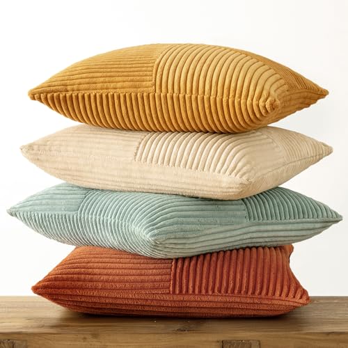 MIULEE Teal Orange Decorative Throw Pillow Covers 18x18 Inch Set of 4 Boho Corduroy Striped Cushion Cases Modern Farmhouse...