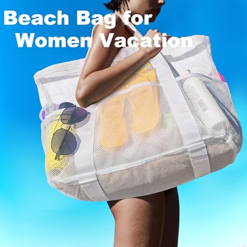 CaCTOUR Mesh Beach Bag,Large Beach Bags for Women with 8 Pockets,Packable Tote Bag for Beach Cruise Pool Vacation Essentials