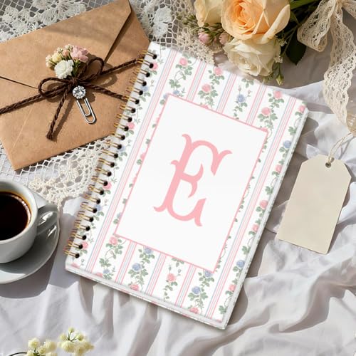 SYLLHRZGB Coquette Initial Letter E Spiral Notebook Journal, Grandmillennial Rose Notebooks for Work, Preppy Floral Journa...