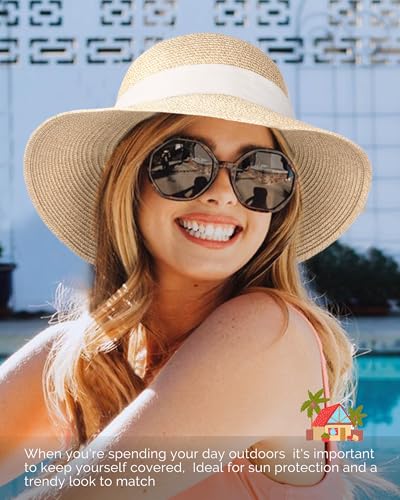 FURTALK Womens Beach Sun Straw Hat UV UPF 80+ Travel Foldable Brim Summer UV Hat