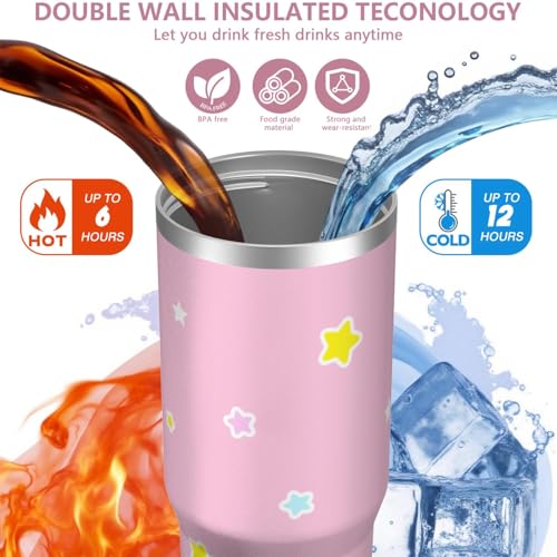 Hurig Tumbler for Adults Water Bottle Double Wall Cups for Kids 30 oz Pink Coffee Mug Stuff Cat Insulated Cup Gifts for Gi...