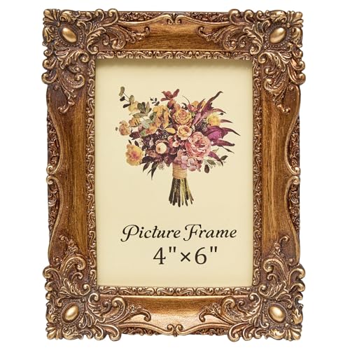 JANDERART Vintage Picture Frame 4x6 Inch, Antique Ornate Photo Frames with Glass Front, Retro Carving, Tabletop & Wall Han...