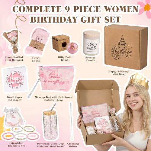 MUGIQUE Birthday Gifts for Women, Birthday Gift Basket with Glass Cup, Happy Birthday Gift Box for Women Teen Girl, Gifts ...