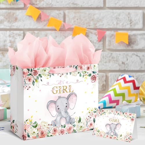 Laidans 13" Large Baby Shower Birthday Gift Bag for Girl with Tissue Papers and Card Pink Floral Elephant Design with Hand...