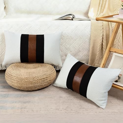 QoBexim Boucle Pillow Covers with Faux Leather Accents 12"x20" Set of 2, White and Black Decorative Pillow Covers with Fau...
