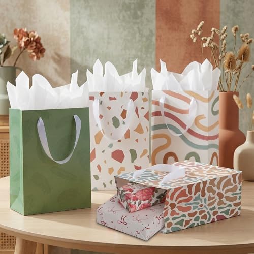 woric 10.6" Sage Green Flowers Gift Bags with Tissue Paper, 4 Medium Gift Bag with Greeting Cards for Mother's Day Birthda...