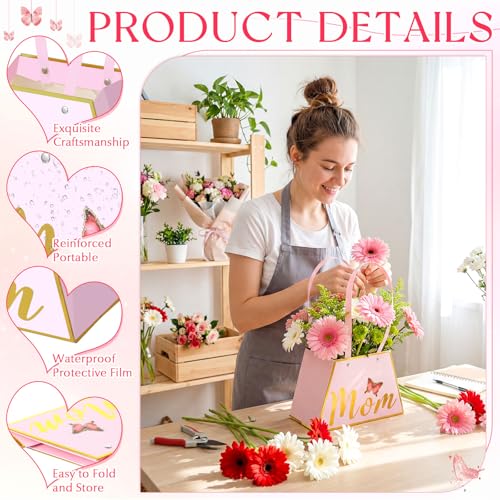 Tinlade 12 Pcs Mother's Day Flower Boxes for Arrangements with Handle Pink and Gold Mom Floral Bouquet Gift Bag Holder Wat...