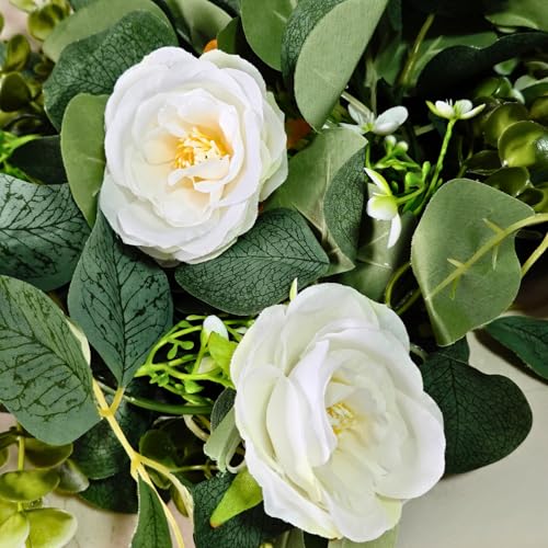 ASTRYAS 2 Pack 6.23Ft Artificial Eucalyptus Garland with Flowers, Fake Rose Garland Greenery Garlands Floral Vines for Wed...