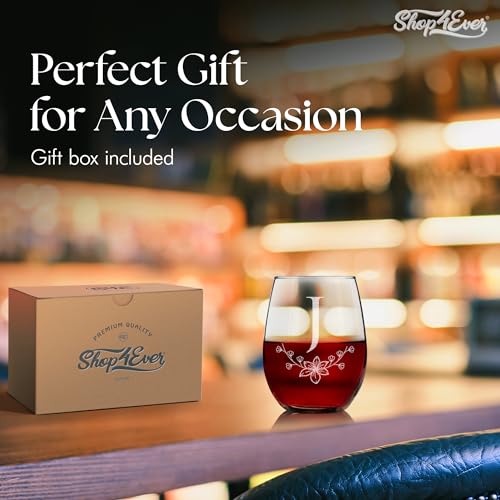 Floral Monogram Engraved Initial Letter Stemless Wine Glass 15 oz. Personalized Monogrammed Custom Gift (J)