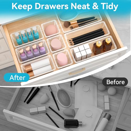 ElegantArray 12 PCS Drawer Organizer Set, 4 Sizes Tool Storage Trays, Clear Plastic Makeup Vanity Organizer and Storage Bi...