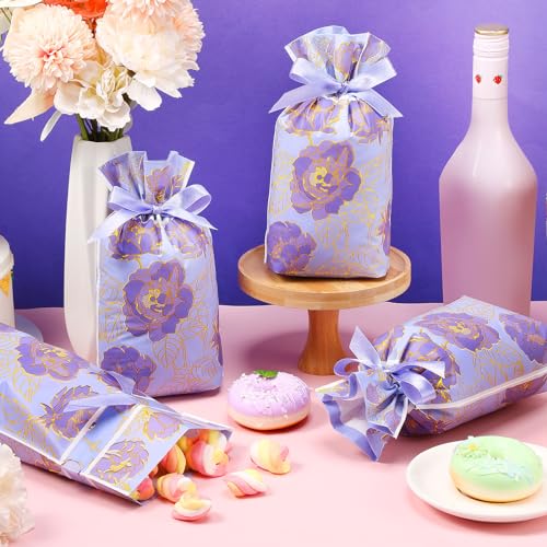 Pasimy 50 Pcs Purple Rose Gift Bag with Drawstring Purple Flowers Party Favor Bags Floral Plastic Candy Goodies Gift Packa...