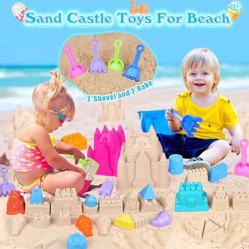 FUSPWEAO Beach Toys Sand Toys for Kids, Sand Castle Toys for Beach with 2 Castle Bucket and Mesh Bag, Sand Molds, Shovels ...