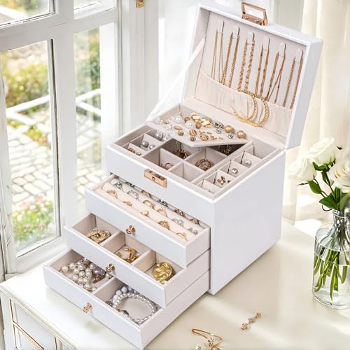 Vandozis Leather Jewelry Box with Lock for Women, 4-Tier 3-Drawer Jewelry Organizer, Large Capacity Vanity Storage Case fo...