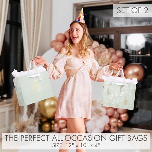 Beautiful Gift Bags Set of 2 - Large 13" Bags with Handles incl. Matching Tissue Paper, Cards & Stickers - Reusable and Pe...
