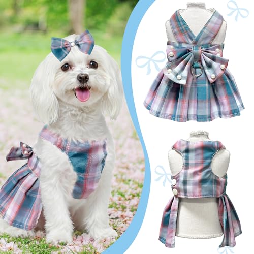 Dog Dress Bowknot Harness Leash Set for Small Dogs Girl Cute Plaid Dog Dress Pearls Bow Tie Spring Summer Princess Clothes...