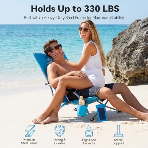Folding Beach Chair with Umbrella, Low Profile Portable Sand Chair for Adults, Breathable Mesh Beach Seat with Cup Holder,...