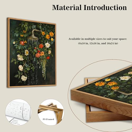 Floating Framed Floral Shower Wall Art, Vintage Botanical Flower Canvas Print, Romantic Garden Roses and Waterfall Paintin...