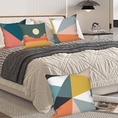 Vie Savaran Geometric Throw Pillow Covers Colorful Geometry Strip Patchwork Sun Abstract Mid Century Modern 18x18 Set of 4...