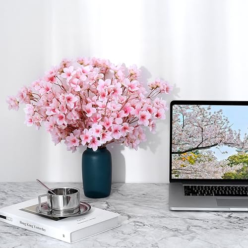 SITUMEIZI 6Pcs Artificial Cherry Blossom Branches Decor Fake Flowers Silk Spring Faux Flowers 16" Peach Bouquet for Home W...