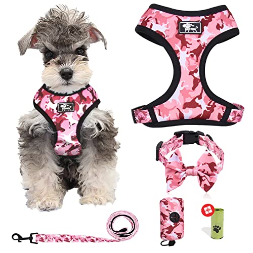 Dog Harness and Leash Set for Small Dogs, Adjustable Reflective No Pull Dog Vest Harness for Puppy with Bow-tie Collar, Le...