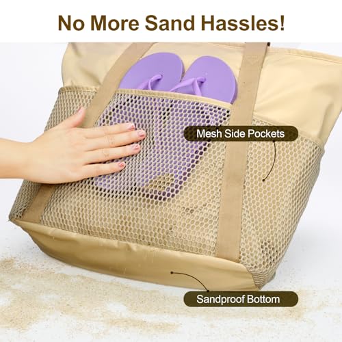 F-color Waterproof Beach Bags for Women - Machine Washable Travel Tote Bag with Zipper Cruise Swim Vacation Essentials