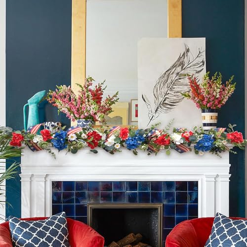 Egolot Patriotic Hydrangea Red White Blue Flower Garland Wreath for Front Door, Forth of July Independence Day Indoor Outd...